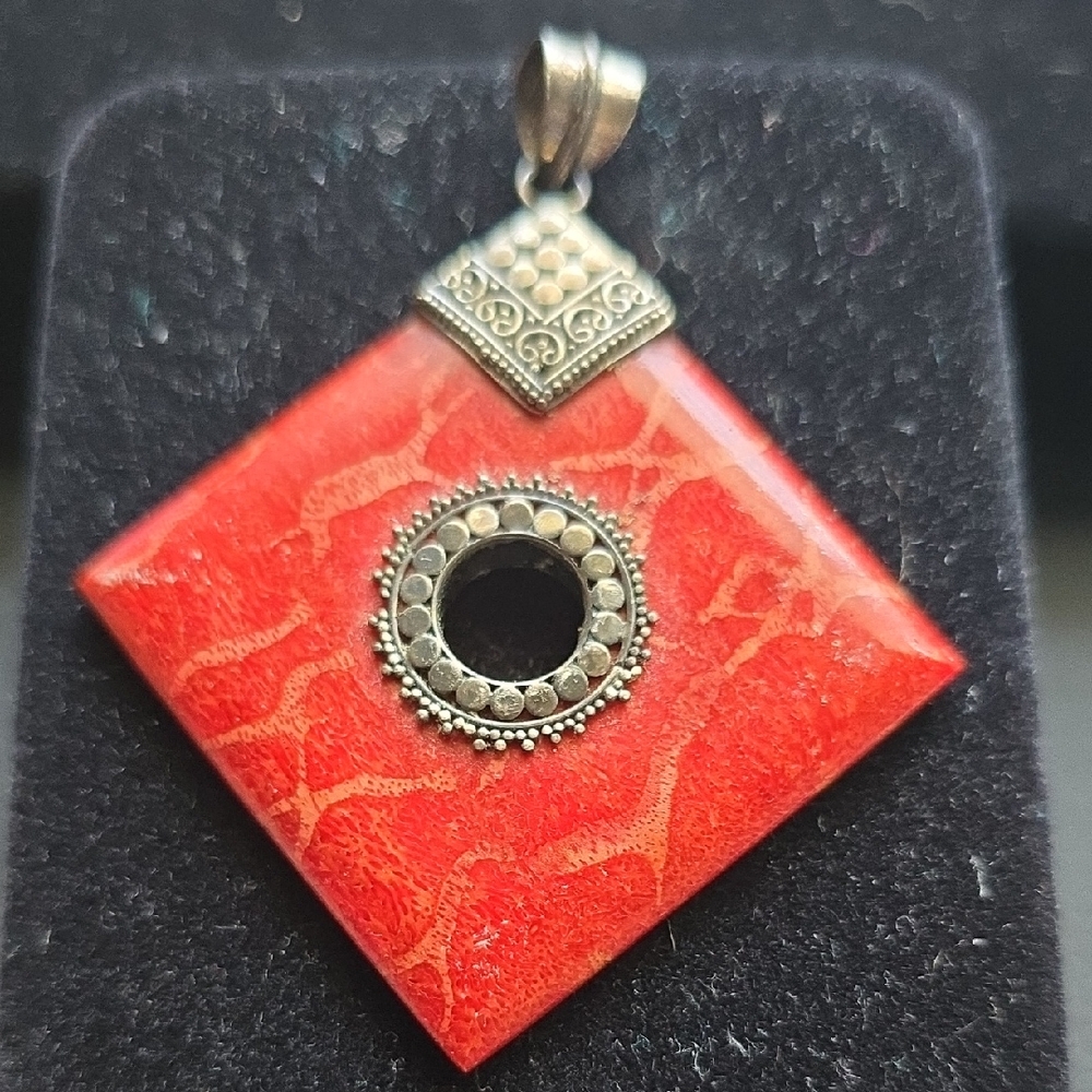 Sterling Silver Red Sponge Coral Diamond Shape Pendant